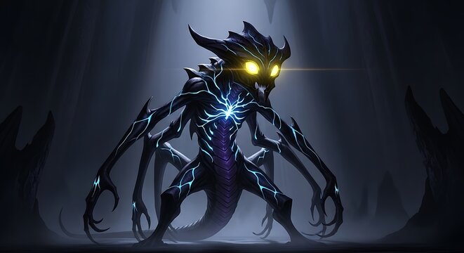 Mystical Cave Dweller  Fantasy Creature with Glowing Eyes  Bioluminescent Lines.