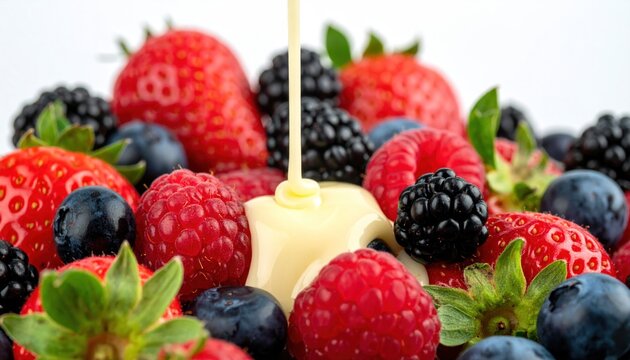 Close-up of mixed berries with a creamy sauce being poured over them