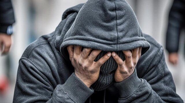 A person in a dark hoodie and balaclava covers their face with their hands, appearing distressed, ashamed, or arrested.