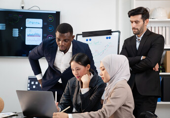 team of multiethnic colleague discuss budget performance planning, sharing idea for cost reduction, business people man woman diverse employee coworker in formal suit meeting in finance office