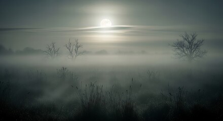 Mystical foggy landscape at night with full moon and bare trees with ethereal scenery.
