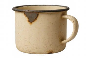Chipped enamel mug showing rustic texture, vintage style, and weathered appearance, isolated on transparent background