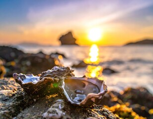 Close-up of open seashell on rocky shore at scenic sunset