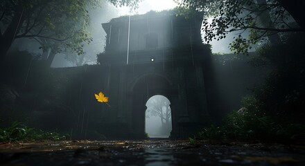 Mystical Foggy Entrance Old Stone Gate with Golden Leaf with Dark Forest, and Atmospheric.