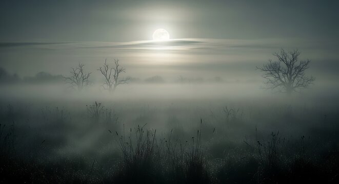 Mystical foggy landscape at night with full moon and bare trees with ethereal scenery. - Powered by Adobe