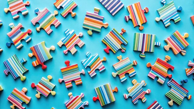 Colorful Striped Puzzle Pieces Scattered on Blue Background A Representation of Teamwork, Collaboration, and Problem Solving