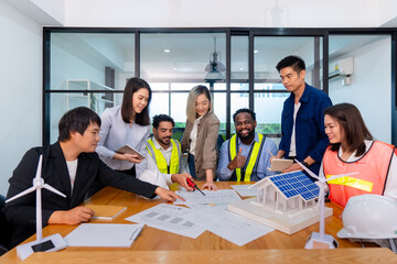 team of multiethnic colleague discuss budget performance planning, sharing idea for cost reduction, business people man woman diverse employee coworker in formal suit meeting in finance office