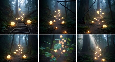 Mystical Forest Path Lit by Glowing Orbs with Adventure  Magic Concept.