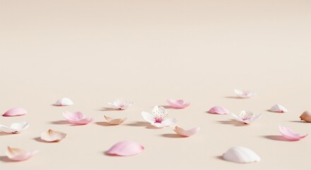 Delicate Petals: An ethereal display of scattered petals, a gentle symphony of pink and white, arranged on a soft, neutral surface.