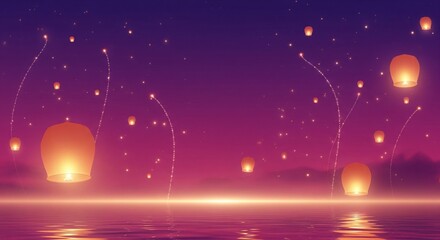 Sky Lanterns: A breathtaking scene unfolds as illuminated lanterns ascend into a twilight sky, their warm glow reflected on a serene expanse of water, creating an atmosphere of dream and serenity.