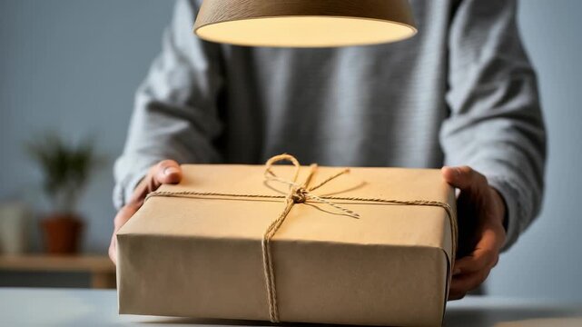 Close up of hands presenting a neatly wrapped parcel, emphasizing the anticipation of giving or receiving a gift. The scene conveys warmth, simplicity, and thoughtful preparation