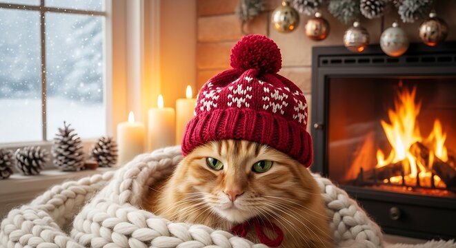 Cute orange cat wearing red woolen winter hat, sitting near candles and Christmas decorations, cozy indoor holiday atmosphere.