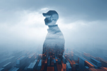 A Silhouette of a Man with Clouds and Cityscape Inside Reflecting Global Logistic and Business Concept