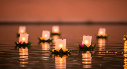Floating Candles in Still Water: The soft glow of candlelight dances upon calm water, creating a serene ambiance that evokes peace and tranquility. Capturing the essence of a serene moment.