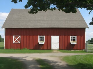 Red barn with white door and windows