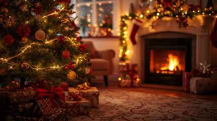Cozy Christmas Living Room Background with Fireplace and Pine Tree – Warm Holiday Decoration Scene