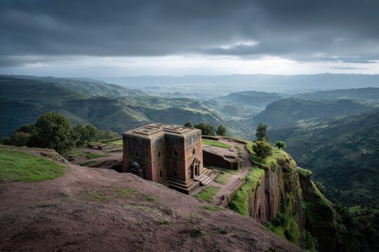Wide-Angle Architectural View of Lalibela&rsquo;s Rock-Hewn Churches with Expansive Sky
