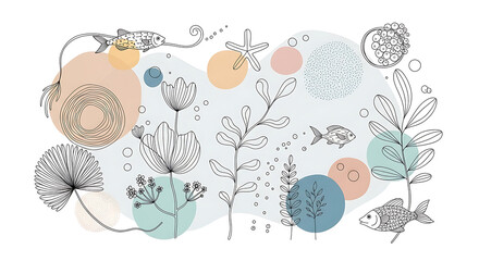 Underwater scene with fish and plants in soft pastel abstract shapes ocean aquatic