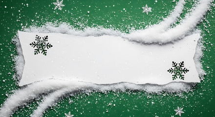 White paper torn edge with snow and snowflakes on green background winter