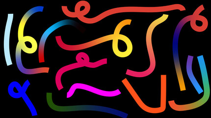 Dynamic abstract composition of swirling, rainbow-gradient lines against a deep black void, symbolizing digital flow and creative energy; this image for graphic design, UI, UX.