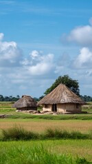 Fototapeta premium Traditional Thatched-Roof Homes and Farmland Captured in Spacious Cultural Landscape 