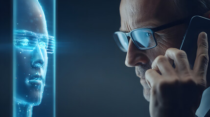 Businessman phone glasses hologram ai avatar digital face screen chat Futuristic businessman phone with hologram ai avatar, focused conversation