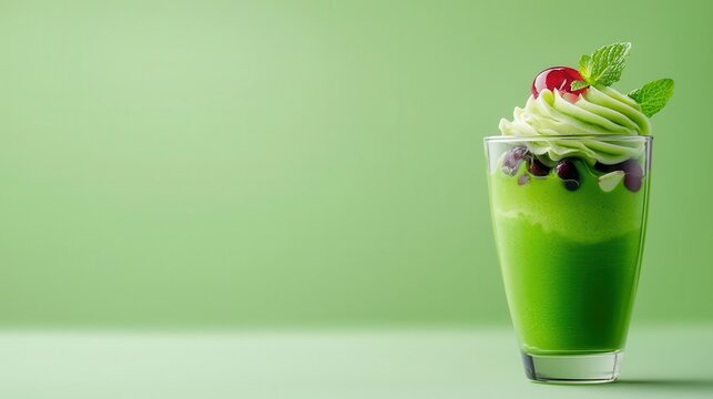 Iced matcha parfait with red bean and jelly cubes in tall glass, summertime desserts, modern Asian dessert concept