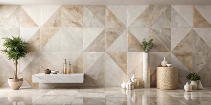 Serene Interior Design Featuring a Geometric Wall Tile Arrangement with Neutral Tones and Minimalist Decor