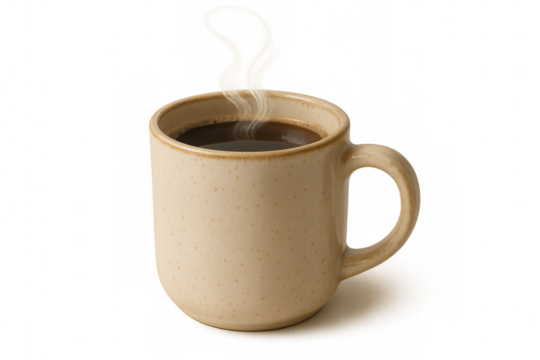 Hot fresh coffee brewing, steaming in a rustic mug, isolated on a transparent background, warmth and comfort beverage