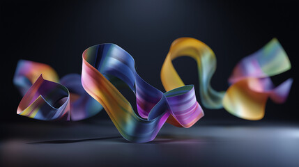 3D abstract floating ribbon shapes in vivid colors against dark studio background, soft gradient lighting, smooth motion blur effect