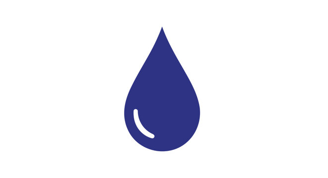 A simple dark blue water drop icon with a white highlight on a clean white background representing purity and hydration