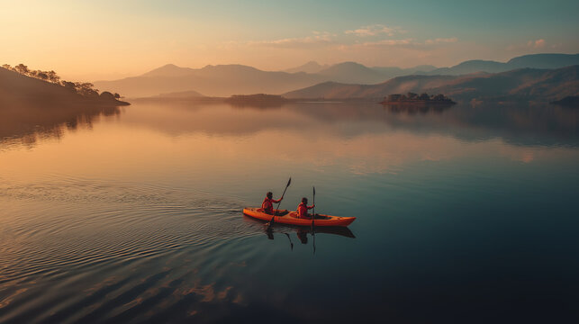 adventurous couple kayaking on calm lake surrounded by mountains, sunrise reflections, soft mist, natural tones