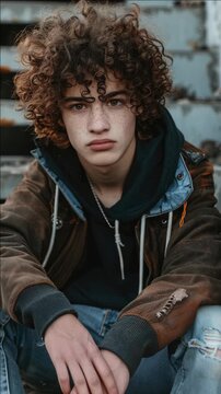 A young man with curly hair and freckles sits deep in thought against an industrial backdrop.
