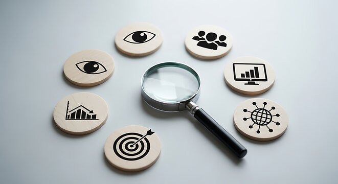 Magnifying glass over wooden circles with business icons, representing data analysis and strategy, isolated on white background