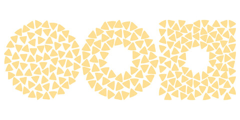 Hand drawn Nachos Circular and Square Frame Border Copy space Template and Round Backdrop Mexican Cuisine Minimal Flat Design Set. Isolated Vector illustration Mexican Related Content Menu card, price