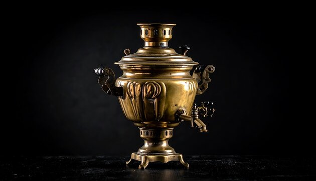 A close-up shot of a vintage, ornate brass tea-making vessel against a dark background, showcasing its intricate details