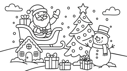Coloring page christmas santa tree snowman