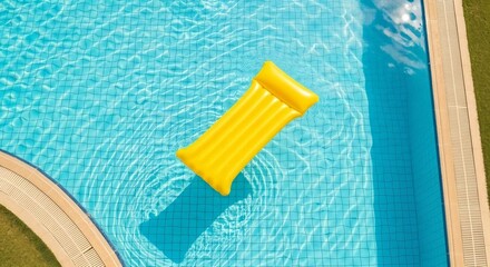 A vibrant, inflatable mattress floats serenely in a sparkling turquoise swimming pool, inviting relaxation and offering a glimpse of leisure and aquatic fun.