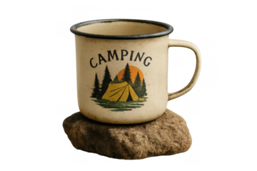 Enamel mug with camping text and outdoor scene graphic, resting on a rock, transparent background, evoking adventure
