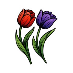 Tulip flowers in a graceful side view, with layered petals, bold outlines, and vibrant color contrasts against a clean white background.