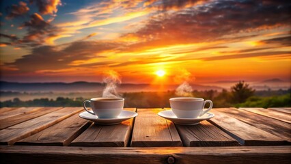 Serene Sunrise Two steaming cups of coffee on a rustic wooden table, overlooking a breathtaking vista as the sun rises, creating a peaceful and tranquil atmosphere.