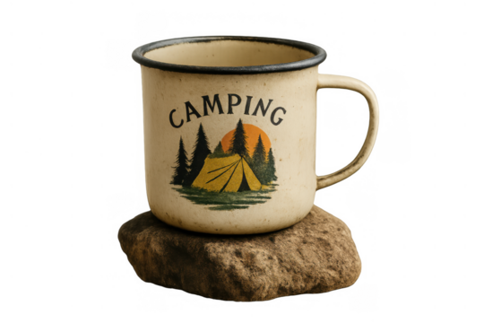 Enamel mug with camping text and outdoor scene graphic, resting on a rock, transparent background, evoking adventure