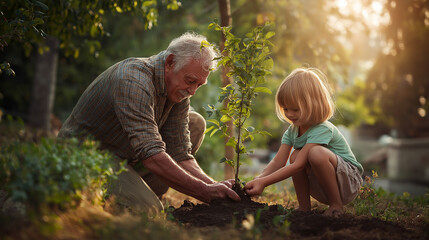 elderly man and little girl planting a young tree together in garden, warm sunlight, joyful expression, cinematic storytelling style