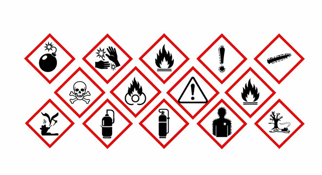 Collection of warning signs for hazardous materials on a white background.