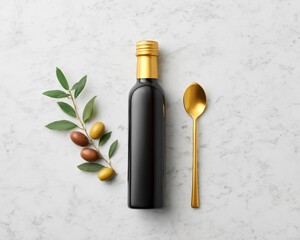 Elegant olive oil display with spoon and leaves minimalist kitchen setting product photography natural light