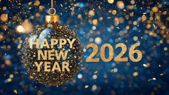 A new year greeting card with a christmas ornament and the year two thousand and twenty six in gold