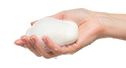 Hand holding soap bar for hygiene and cleanliness promoting health and preventing germs and bacteria