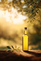 Olive oil bottle in nature soft light still life photography outdoor serenity warm vibes