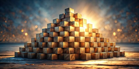 Illuminated Wooden Blocks Forming a Pyramid on a Rustic Surface