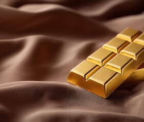 Golden chocolate bar on luxurious silk fabric close-up capture elegant setting high-quality imagery